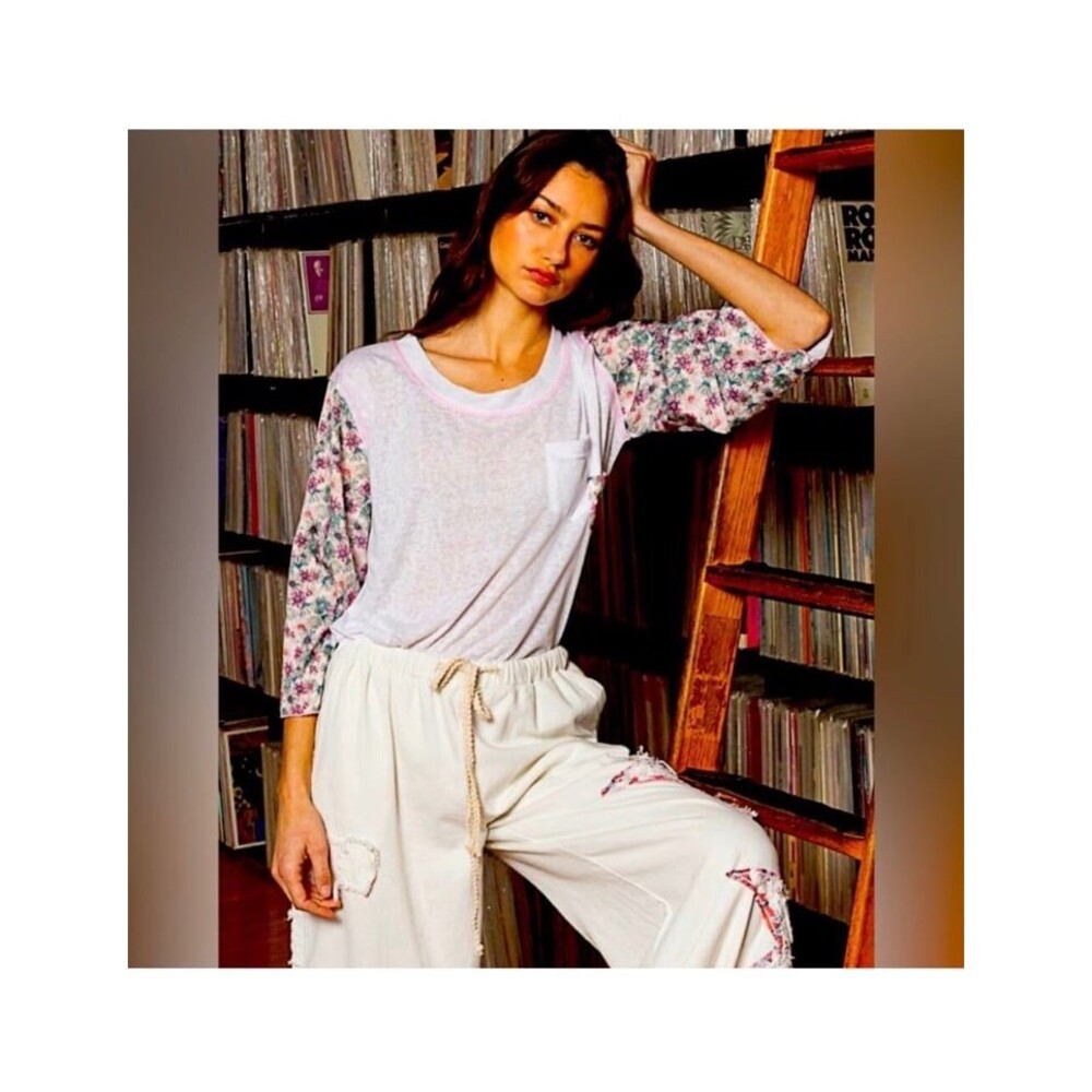 POL top POL 3/4 sleeve shirt lightweight womens size small floral white pink NEW